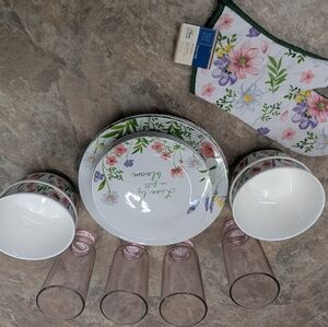 Royal Norfolk Floral Dinnerware Set with Pink Glasses And Oven Mit
